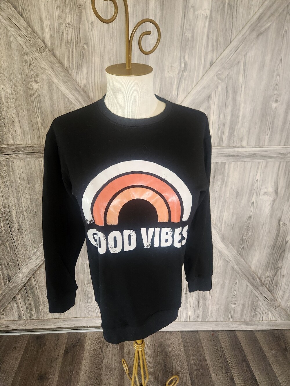 Good Vibes Rainbow Graphic Crew Sweatshirt - Black with Orange & White